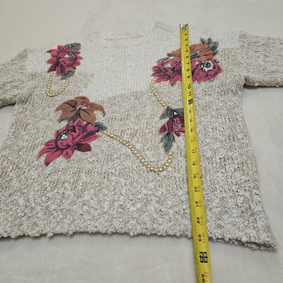 Vintage Sweater Grandma Cottagecore Floral Aplique Pearls Gold Chain 90s Medium - Picture 14 of 16